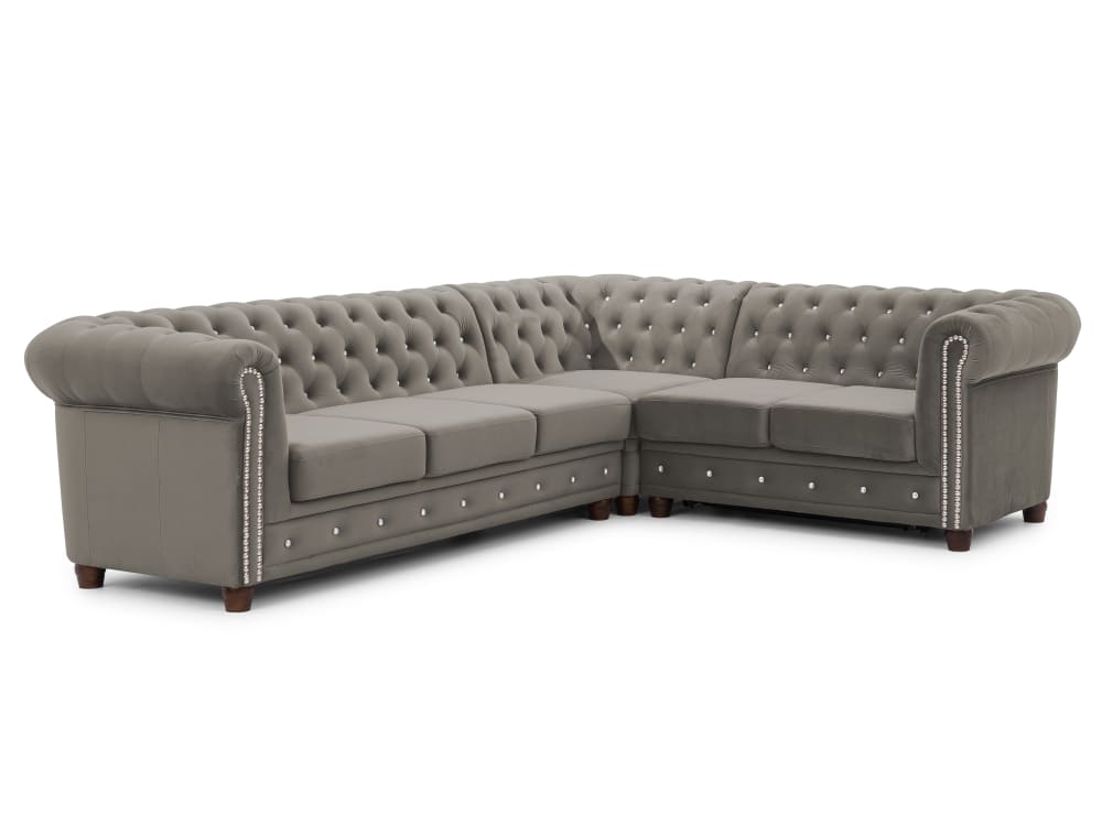 Wohnli Möbelsuche - Chesterfield Ecksofa L-Form mit Schlaffunktion aus Grau Samt