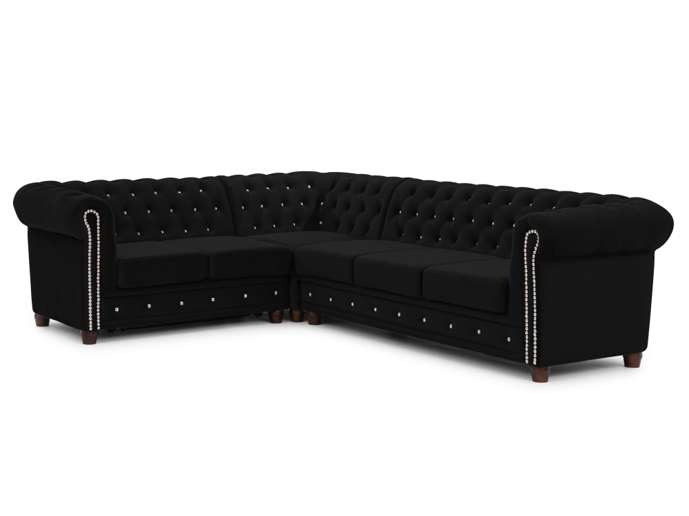 Wohnli Möbelsuche - Chesterfield Ecksofa L-Form mit Schlaffunktion aus Schwarz Samt