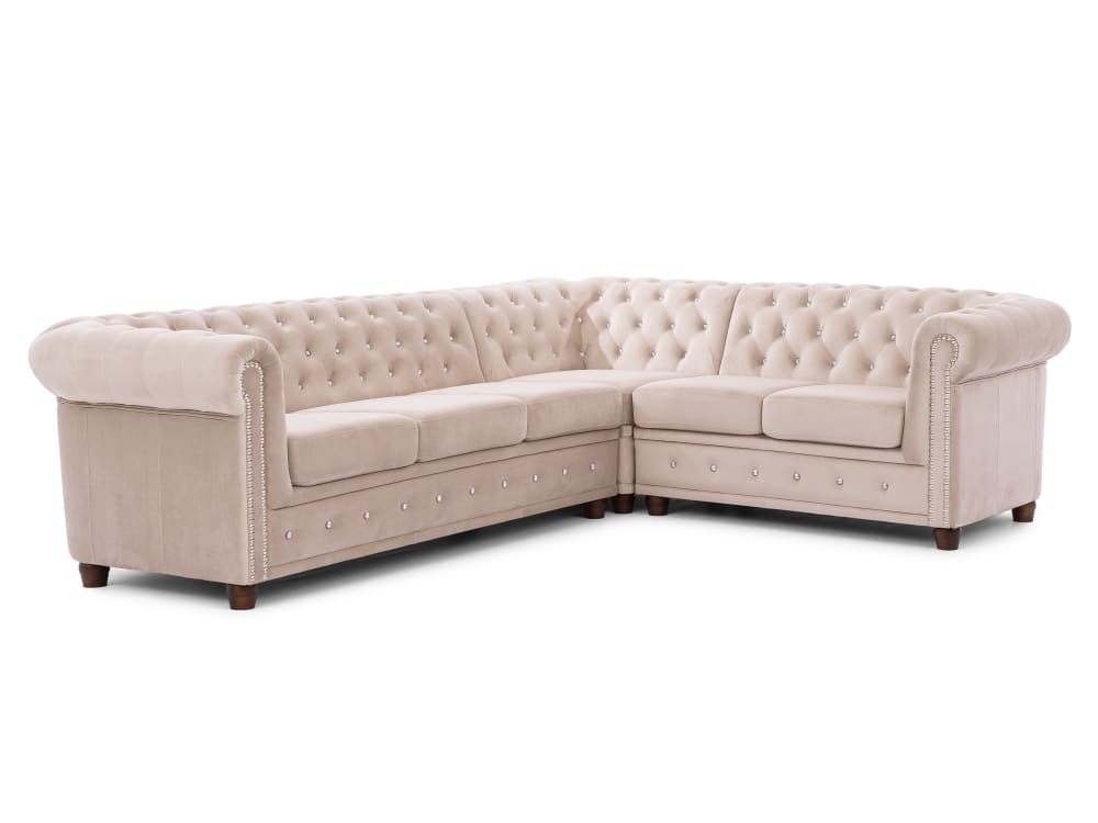 Wohnli Möbelsuche - Chesterfield Ecksofa L-Form aus Beige Samt mit Kristallsteppung
