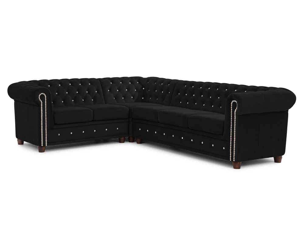 Wohnli Möbelsuche - Chesterfield Ecksofa L-Form aus Schwarz Samt mit Kristallsteppung