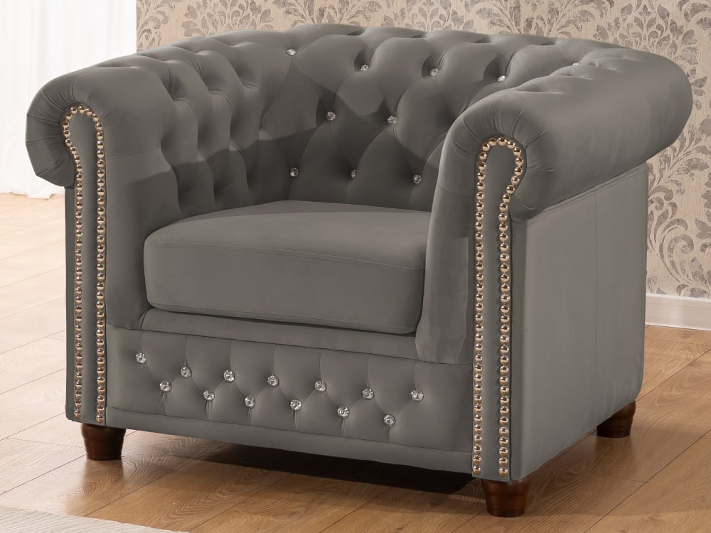 Chesterfield Sessel aus Grau Samt mit Kristallsteppung 86x72x104cm Holz Grau S-Style Sofas und Sessel Sessel, Poufs und Fußbänke Sessel