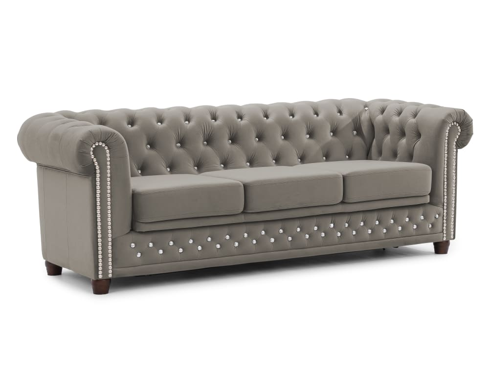 wohnli-moebel-suche-M26006006 Wohnli Möbelsuche - Chesterfield 3-Sitzer Schlafsofa aus Grau Samt mit Kristallsteppung