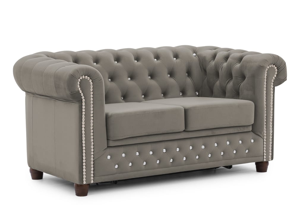 wohnli-moebel-suche-M26006012 Wohnli Möbelsuche - Chesterfield 2-Sitzer Schlafsofa aus Grau Samt mit Kristallsteppung
