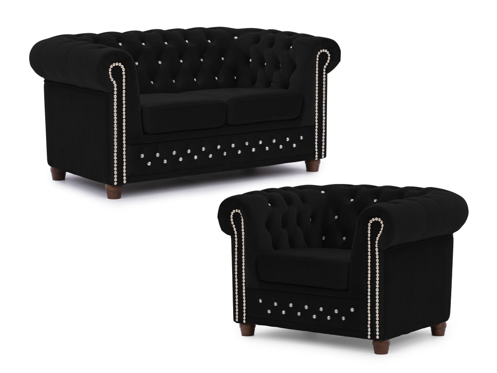 wohnli-moebel-suche-M26006013 Wohnli Möbelsuche - Chesterfield Polstergarnitur 2+1 aus Schwarz Samt