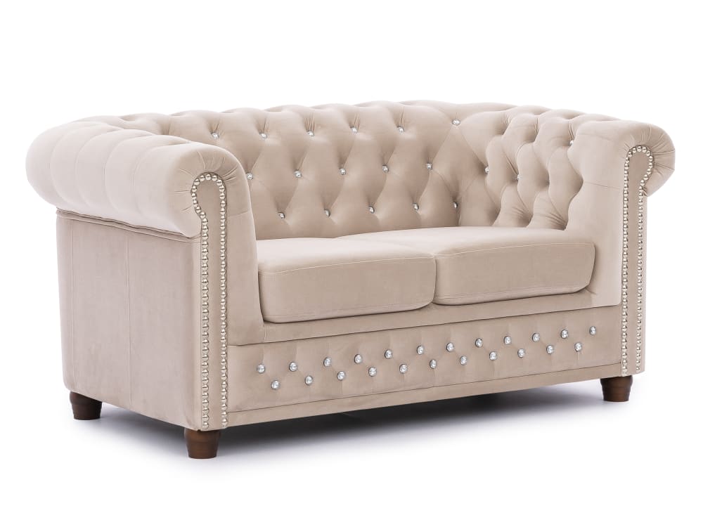 wohnli-moebel-suche-M26006015 Wohnli Möbelsuche - Chesterfield 2-Sitzer Sofa aus Beige Samt mit Kristallsteppung