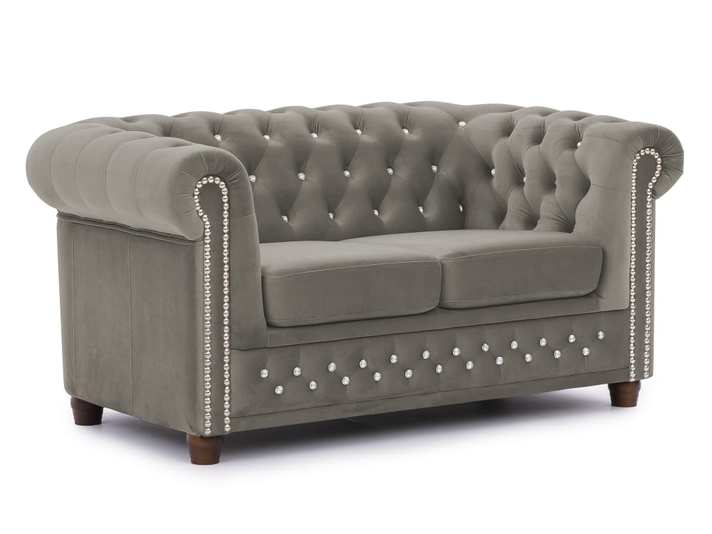 wohnli-moebel-suche-M26006016 Wohnli Möbelsuche - Chesterfield 2-Sitzer Sofa aus Grau Samt mit Kristallsteppung