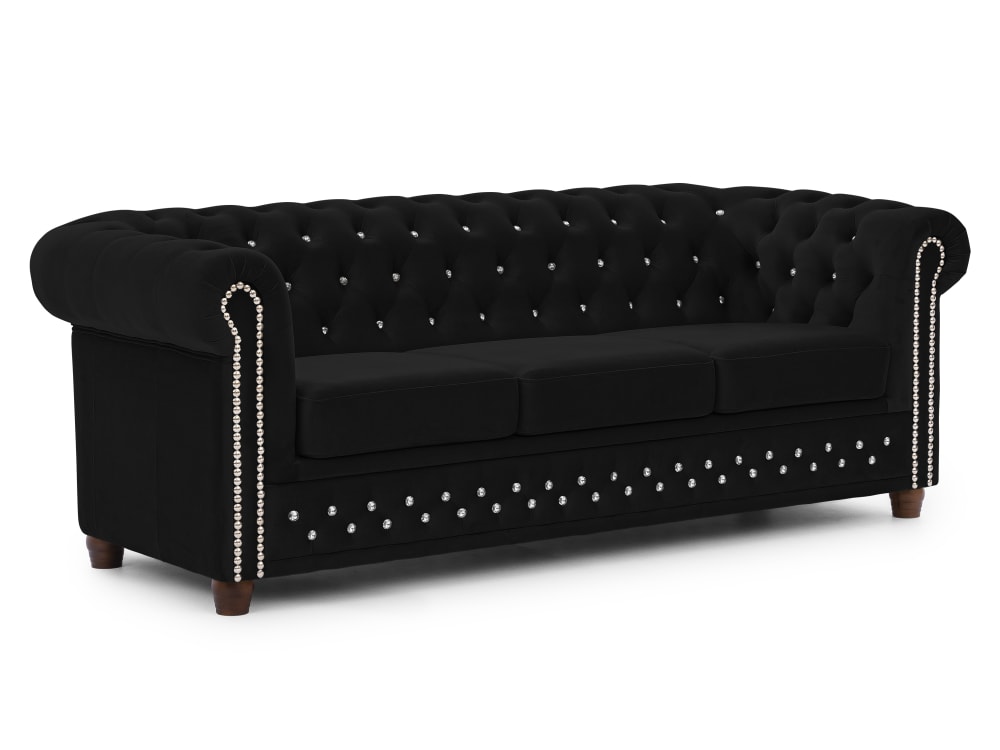 wohnli-moebel-suche-M26006020 Wohnli Möbelsuche - Chesterfield 3-Sitzer Sofa aus Schwarz Samt mit Kristallsteppung