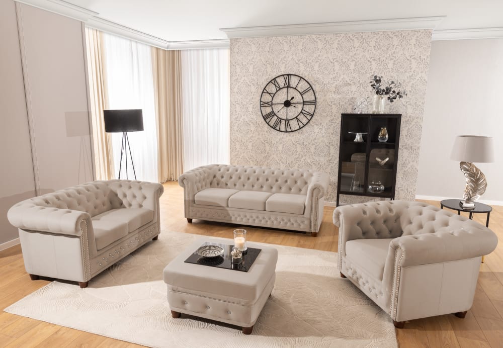 Chesterfield Polstergarnitur 3+2 aus Beige Samt 86x72x203cm Holz Beige S-Style Sofas und Sessel Sofas 2-Sitzer-Sofas & 3-Sitzer-Sofas