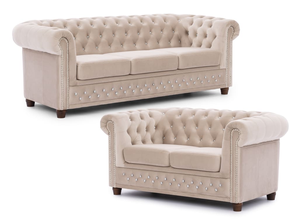 wohnli-moebel-suche-M26006026 Wohnli Möbelsuche - Chesterfield Polstergarnitur 3+2 aus Beige Samt