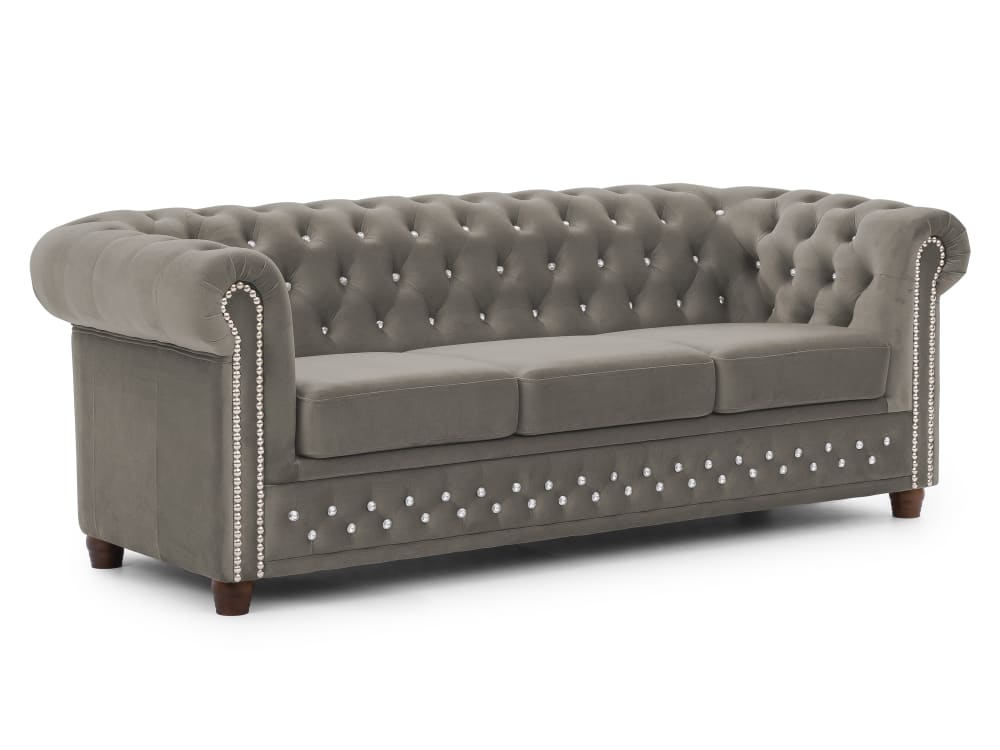 wohnli-moebel-suche-M26006034 Wohnli Möbelsuche - Chesterfield 3-Sitzer Sofa aus Grau Samt mit Kristallsteppung