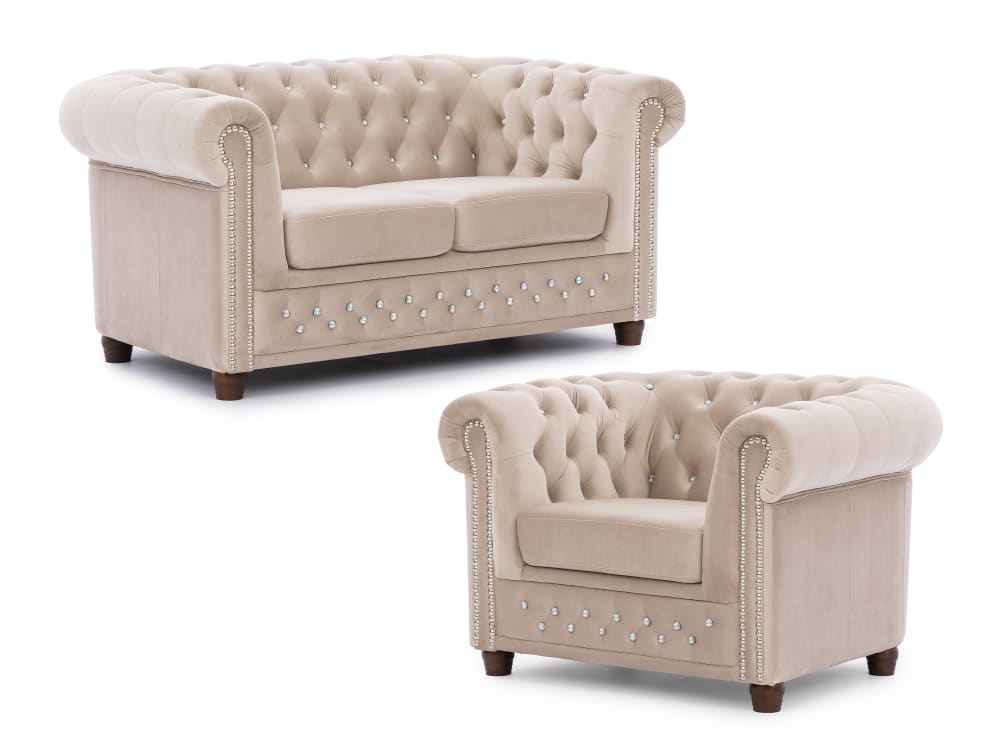 wohnli-moebel-suche-M26006035 Wohnli Möbelsuche - Chesterfield Polstergarnitur 2+1 aus Beige Samt