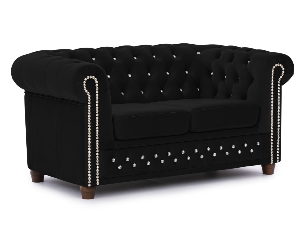 wohnli-moebel-suche-M26006037 Wohnli Möbelsuche - Chesterfield 2-Sitzer Sofa aus Schwarz Samt mit Kristallsteppung