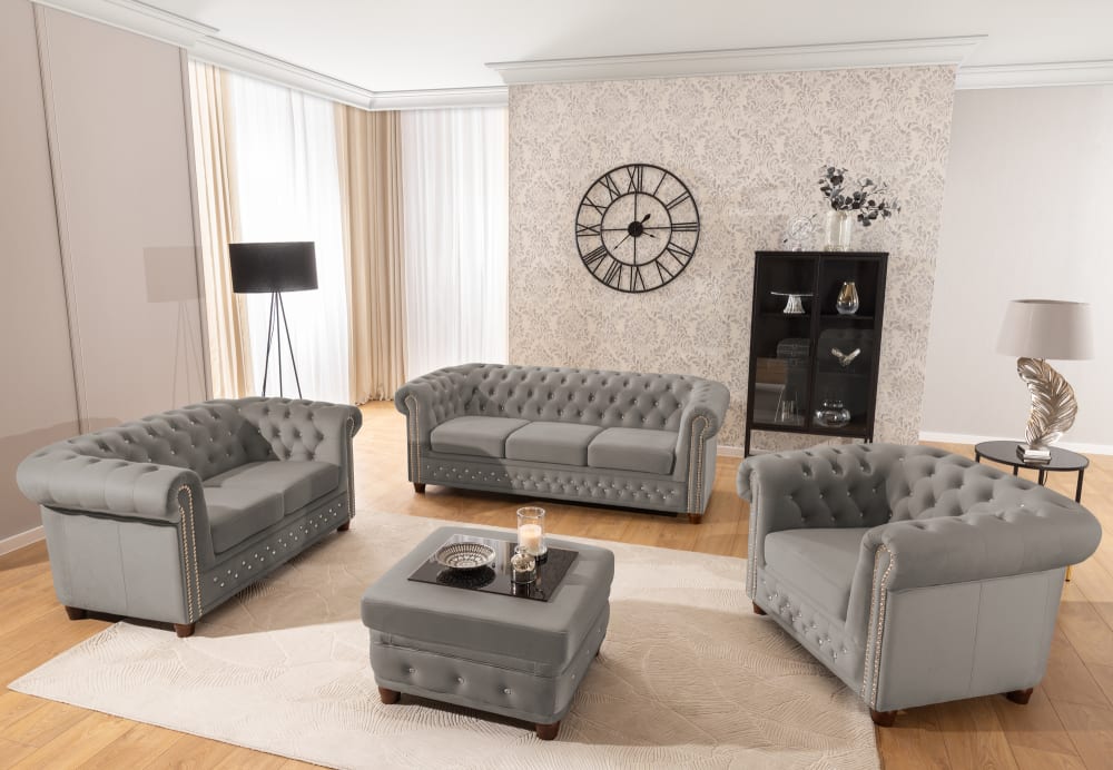 Chesterfield Polstergarnitur 3+1 aus Grau Samt 86x72x203cm Holz Grau S-Style Sofas und Sessel Sofas 2-Sitzer-Sofas & 3-Sitzer-Sofas