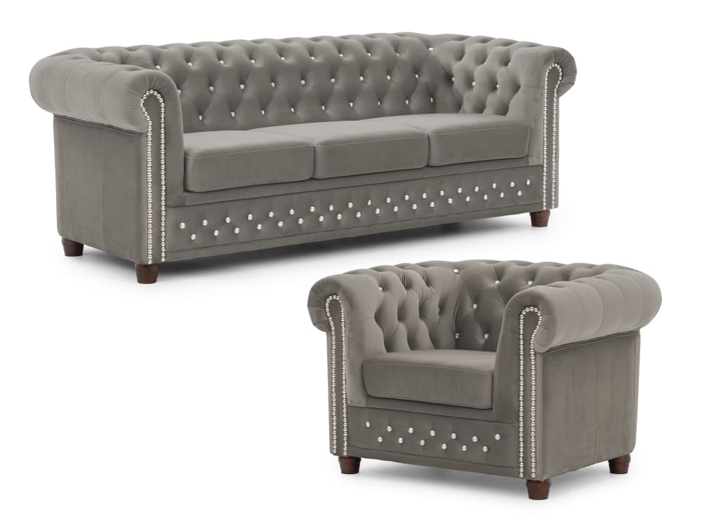 wohnli-moebel-suche-M26006045 Wohnli Möbelsuche - Chesterfield Polstergarnitur 3+1 aus Grau Samt
