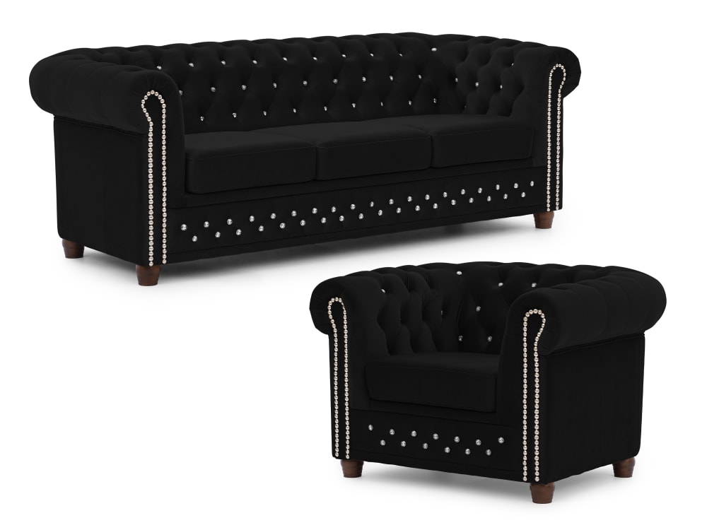 wohnli-moebel-suche-M26006048 Wohnli Möbelsuche - Chesterfield Polstergarnitur 3+1 aus Schwarz Samt