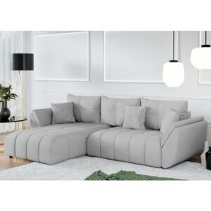 wohnli-moebel-suche-M26006088-1 Ecksofa mit Schlaffunktion und Bettkasten aus Stoff in Silber 280 cm 190x91x280cm Stoff Silber Ax Living Sofas und Sessel Sofas Ecksofas
