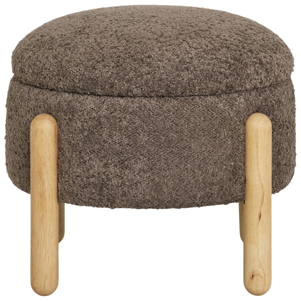 Wohnli Möbelsuche - Pouf mit Stauraum aus braunem Bouclé-Stoff und Holz ø45 cm