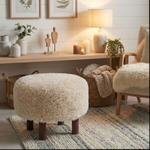 wohnli-moebel-suche-M26006827-1 Beigefarbener Stoffpouf mit Schlaufenmuster ø50cm 50x36x50cm Stoff Beige Moloo Sofas und Sessel Sessel, Poufs und Fußbänke Sitzsäcke