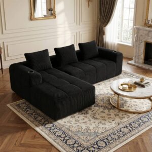 wohnli-moebel-suche-M26006846-1 Modulares Sofa aus schwarzem Cord 253x61x158cm Stoff Schwarz Urban Meuble Sofas und Sessel Sofas 2-Sitzer-Sofas & 3-Sitzer-Sofas
