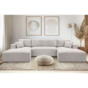 Wohnlandschaft mit Schlaffunktion aus Cord in Sandbeige - 364 cm 145x84x364cm Stoff Beige Ax Living Sofas und Sessel Sofas Wohnlandschaften