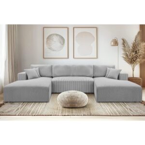 wohnli-moebel-suche-M26007174-1 Wohnlandschaft mit Schlaffunktion aus Cord in Hellgrau - 364 cm 145x84x364cm Stoff Grau Ax Living Sofas und Sessel Sofas Wohnlandschaften