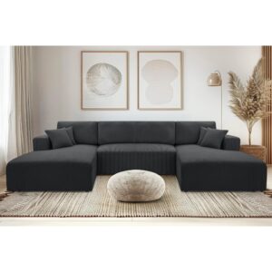 wohnli-moebel-suche-M26007176-1 Wohnlandschaft mit Schlaffunktion aus Cord in Dunkelgrau - 364 cm 145x84x364cm Stoff Grau Ax Living Sofas und Sessel Sofas Wohnlandschaften