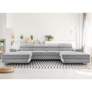 wohnli-moebel-suche-M26007179-1 Wohnlandschaft mit Schlaffunktion aus Cord in Hellgrau - 352 cm 202x90x352cm Stoff Grau Ax Living Sofas und Sessel Sofas Wohnlandschaften
