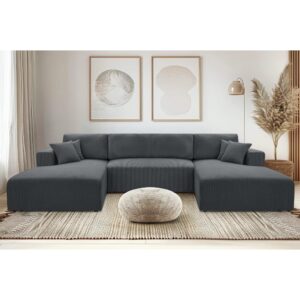 Wohnlandschaft mit Schlaffunktion aus Cord in Grau - 364 cm 145x84x364cm Stoff Grau Ax Living Sofas und Sessel Sofas Wohnlandschaften