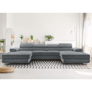 Wohnlandschaft mit Schlaffunktion aus Cord in Aschgrau - 352 cm 202x90x352cm Stoff Grau Ax Living Sofas und Sessel Sofas Wohnlandschaften