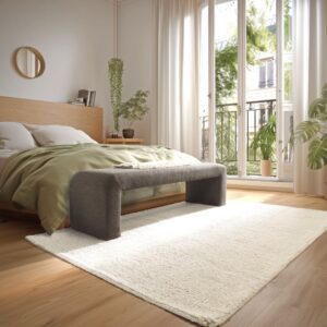 wohnli-moebel-suche-M26007729-1 Bank aus kleinem Bouclé-Stoff 161x47x49cm PES - Polyester Taupe MACABANE Möbel Schlafzimmermöbel Bettbänke