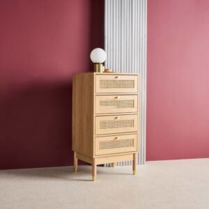 wohnli-moebel-suche-M26007986-1 Hochkommode Holzdekor und Rattan-Geflecht 4 Schubladen naturfarben 50x96x40cm Holz Braun sweeek Möbel Schlafzimmermöbel Kommoden