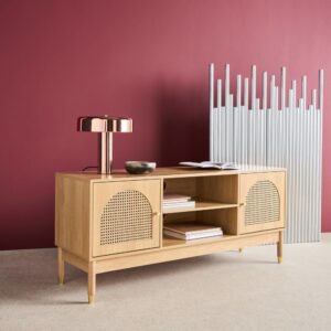 wohnli-moebel-suche-M26008122-1 TV-Möbel Holzdekor und Rattan-Geflecht naturfarben 140x60x40cm Holz Braun sweeek Möbel Wohnzimmermöbel TV-Möbel