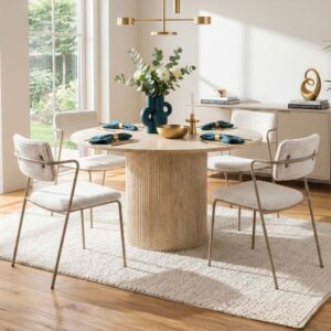 wohnli-moebel-suche-M26008614-1 2er-Set Stühle aus weißem Bouclé-Stoff mit Beinen champagne 55x84x53cm Metall Weiß Siediti Fuori e Dentro Möbel Esszimmermöbel Stühle