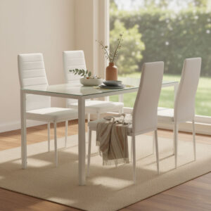 wohnli-moebel-suche-M26008617-1 Essgruppe Tisch 120x70cm rechteckig mit 4 Stühlen Kunstleder weiß 50x98x41cm Metall Weiß Siediti Fuori e Dentro Möbel Esszimmermöbel Tisch- und Stuhlset für den Außenbereich
