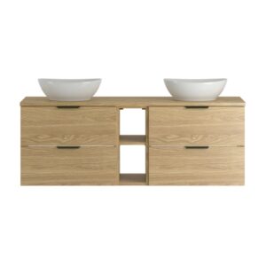 wohnli-moebel-suche-M26009707-1 Doppelwaschtisch 140cm 2 Nischen Melamin Holz 141x52x47cm Spanplatte Braun Petits meubles Möbel Badezimmermöbel Waschtische