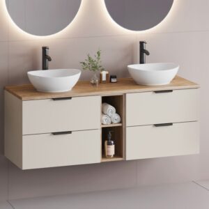 Doppelwaschtisch 140cm 2 Nischen Melamin Kaschmir und Holz 141x52x47cm Spanplatte Beige Petits meubles Möbel Badezimmermöbel Waschtische