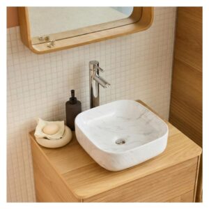 wohnli-moebel-suche-M26010433-1 Vasque à poser carrée en céramique effet marbre blanc 37cm 37x12x37cm Keramik Weiß Mob In Möbel Badezimmermöbel Waschbecken