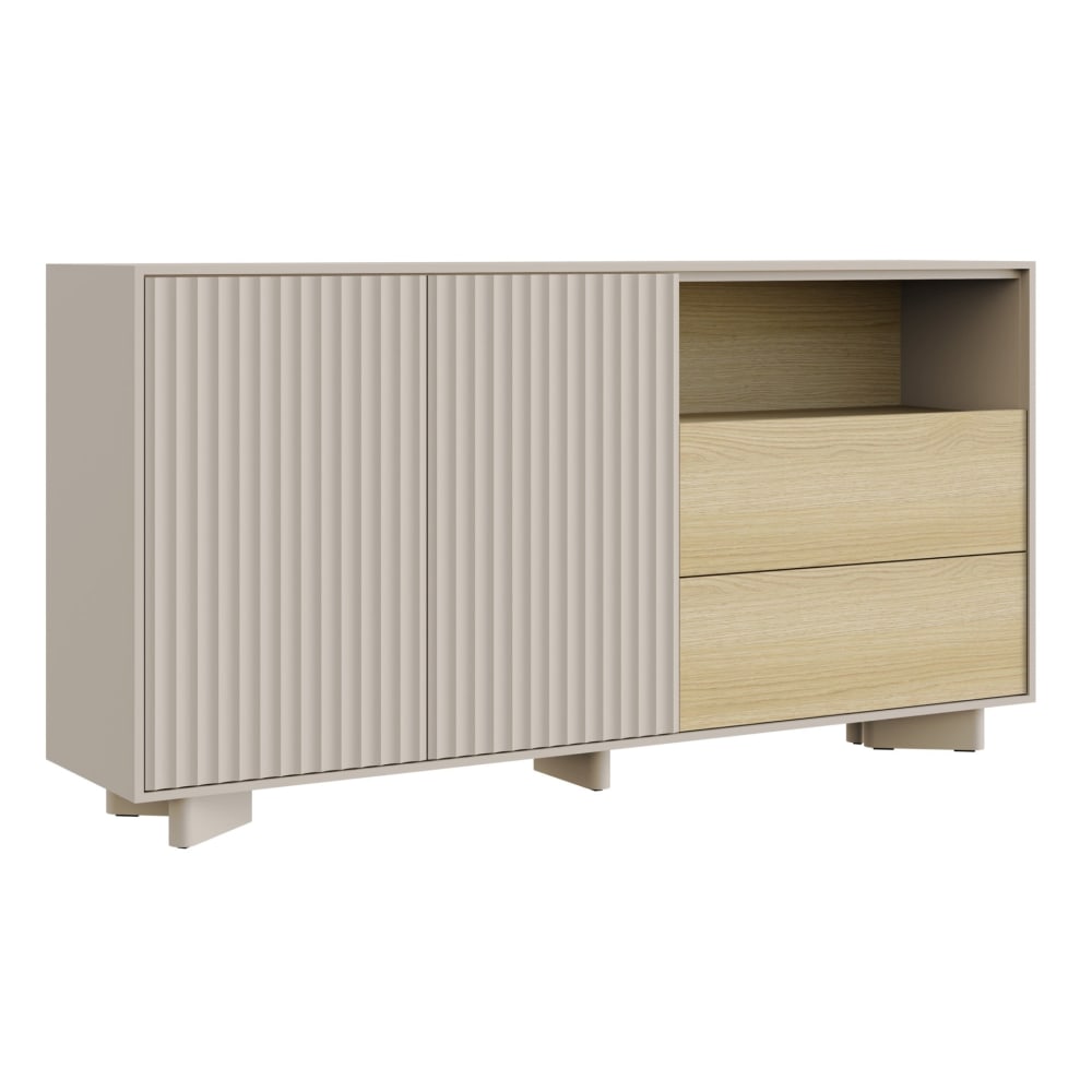 Wohnli Möbelsuche - Sideboard mit geriffelter Front Kaschmirgrau / Eichenholzoptik