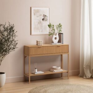 wohnli-moebel-suche-M26013165-1 Konsolentisch 2 Schubladen Eiche-Optik 100x80x30cm Spanplatte Braun HOMN Möbel Flurmöbel Dielenbänke