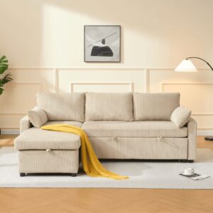 wohnli-moebel-suche-M26013799-1 3-Sitzer-Schlafsofa aus Cord mit Eckschlafsofa L219 cm - Beige 147x84x147cm Holz Beige Calicosy Sofas und Sessel Sofas Modulare Sofas