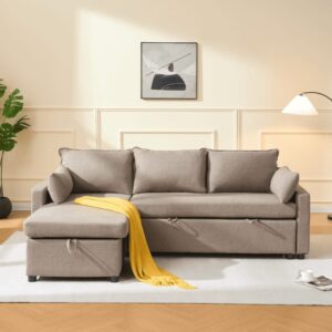 wohnli-moebel-suche-M26013803-1 3-Sitzer-Schlafsofa aus Stoff mit Chaiselongue L219 cm - Braun 147x84x147cm Holz Braun Calicosy Sofas und Sessel Sofas Modulare Sofas