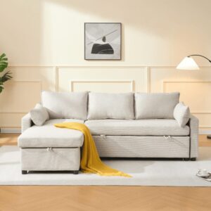 wohnli-moebel-suche-M26013804-1 3-Sitzer-Schlafsofa aus Stoff mit Chaiselongue L219 cm - Beige 147x84x147cm Holz Beige Calicosy Sofas und Sessel Sofas Modulare Sofas
