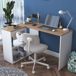wohnli-moebel-suche-M26014272-1 Eckschreibtisch in Eicheoptik und Weiß L120 cm 120x75x50cm Spanplatte Braun Calicosy Möbel Büromöbel Schreibtische