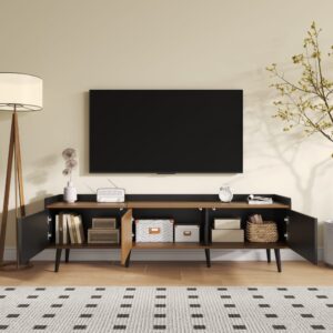 wohnli-moebel-suche-M26017566-1 TV-Schrank mit 3 Türen Stauraum 160 cm Schwarz Natur 160x50x39cm Spanplatte Schwarz MODFU Möbel Wohnzimmermöbel TV-Möbel