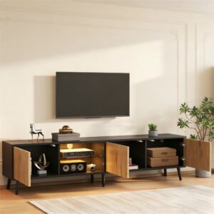 wohnli-moebel-suche-M26017575-1 LED-TV-Schrank 3 Türen Glasböden für 75 Zoll 175 cm Naturholz 175x44x31cm Spanplatte Braun MODFU Möbel Wohnzimmermöbel TV-Möbel
