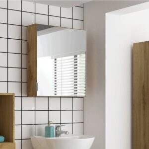 wohnli-moebel-suche-M26018842-1 Badschrank zur Wandmontage mit Spiegel in Eichenoptik 16x65x60cm Spanplatte Braun Loft24 Möbel Badezimmermöbel