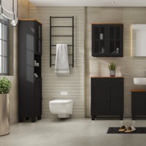 wohnli-moebel-suche-M26018850-1 Badhochschrank mit 2 Türen 1 Schublade aus Kiefer Anthrazit 30x180x33cm Holz Grau Loft24 Möbel Badezimmermöbel Badezimmerschränke