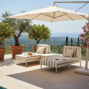 Modulares niedriges Gartenmöbel-Set mit Streifenmuster 3 Plätze Beige 144x78x128cm PES - Polyester Beige Oviala Sofas und Sessel Sessel, Poufs und Fußbänke Sitzsäcke