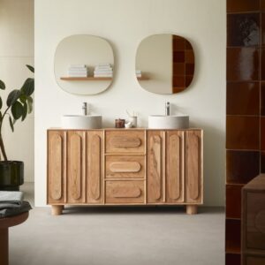 Waschtischunterschrank aus massivem Akazienholz 145 cm 145x80x46cm Holz Beige Tikamoon Möbel Badezimmermöbel Badezimmerschränke