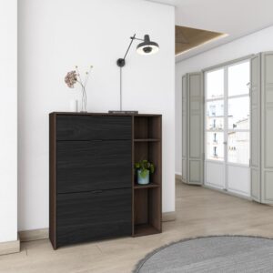 wohnli-moebel-suche-M26022961-1 Schuhschrank Holzeffekt Eiche dunkel und Schwarz 90x27x102cm 90x102x27cm Spanplatte Braun Skraut home Möbel Flurmöbel Schuhschränke